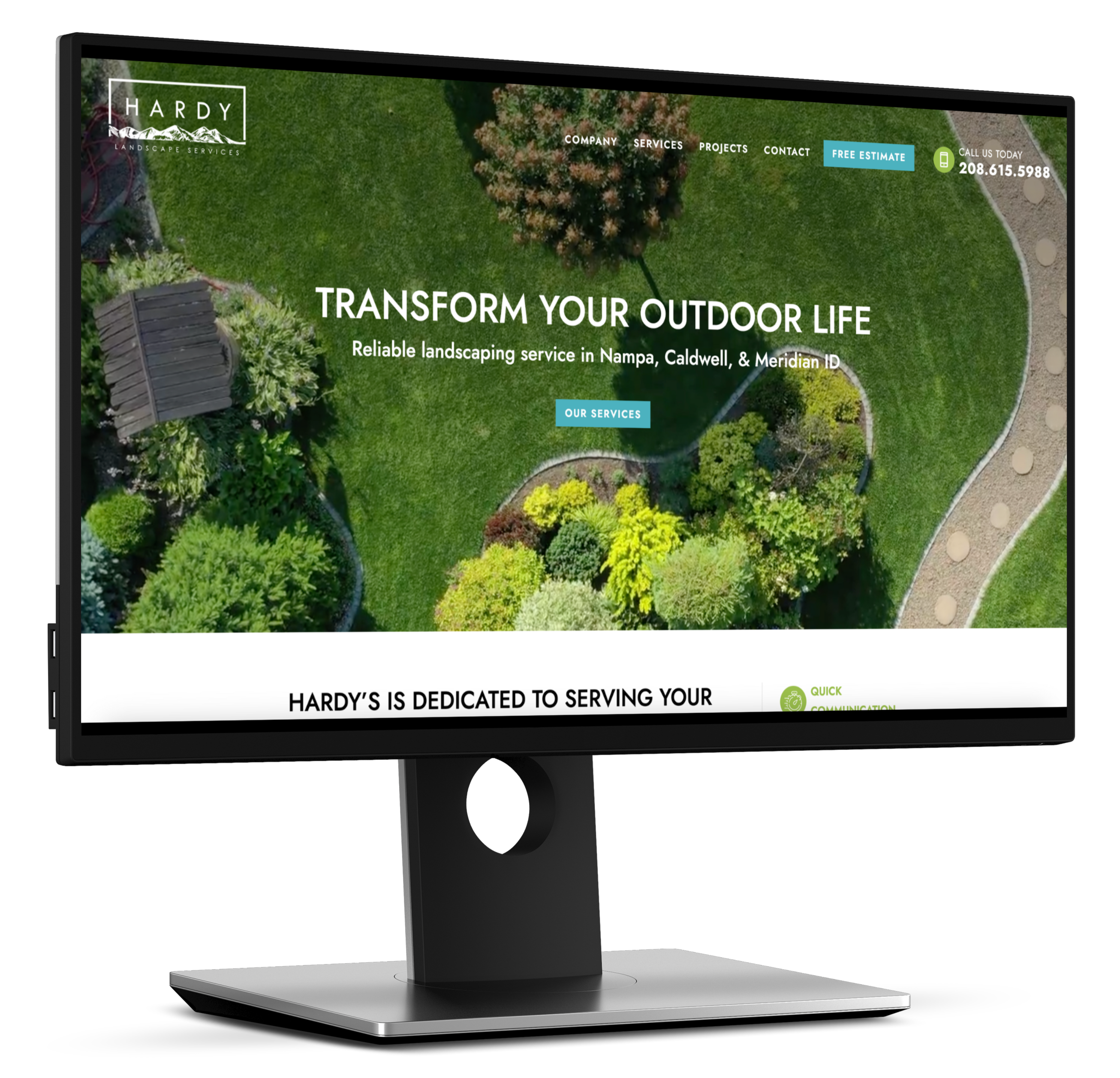 Hardy Landscape Services website mockup showing aerial view of landscaped property with professional design