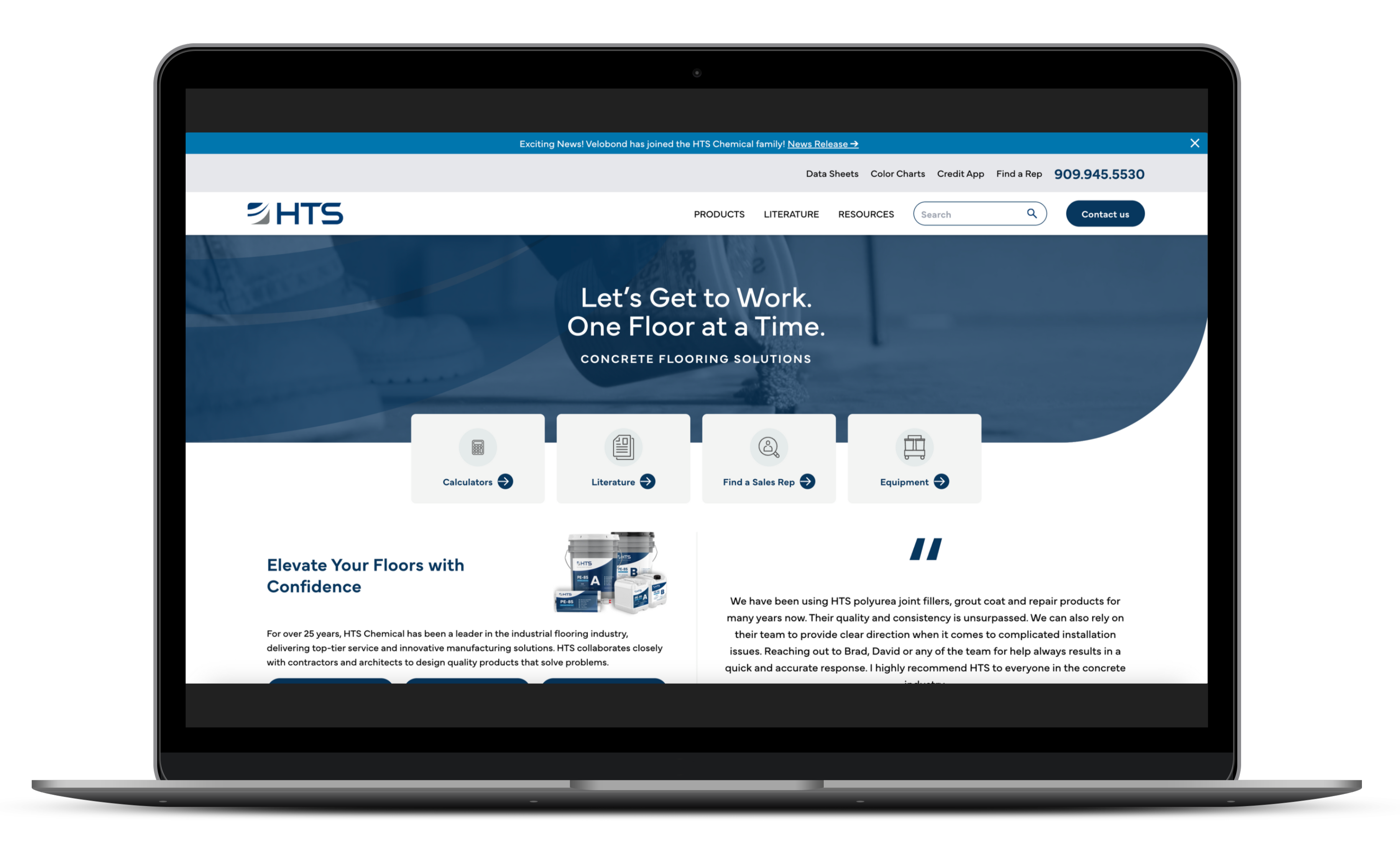 HTS Chemical website mockup displaying concrete flooring solutions, product calculators, and industrial resources