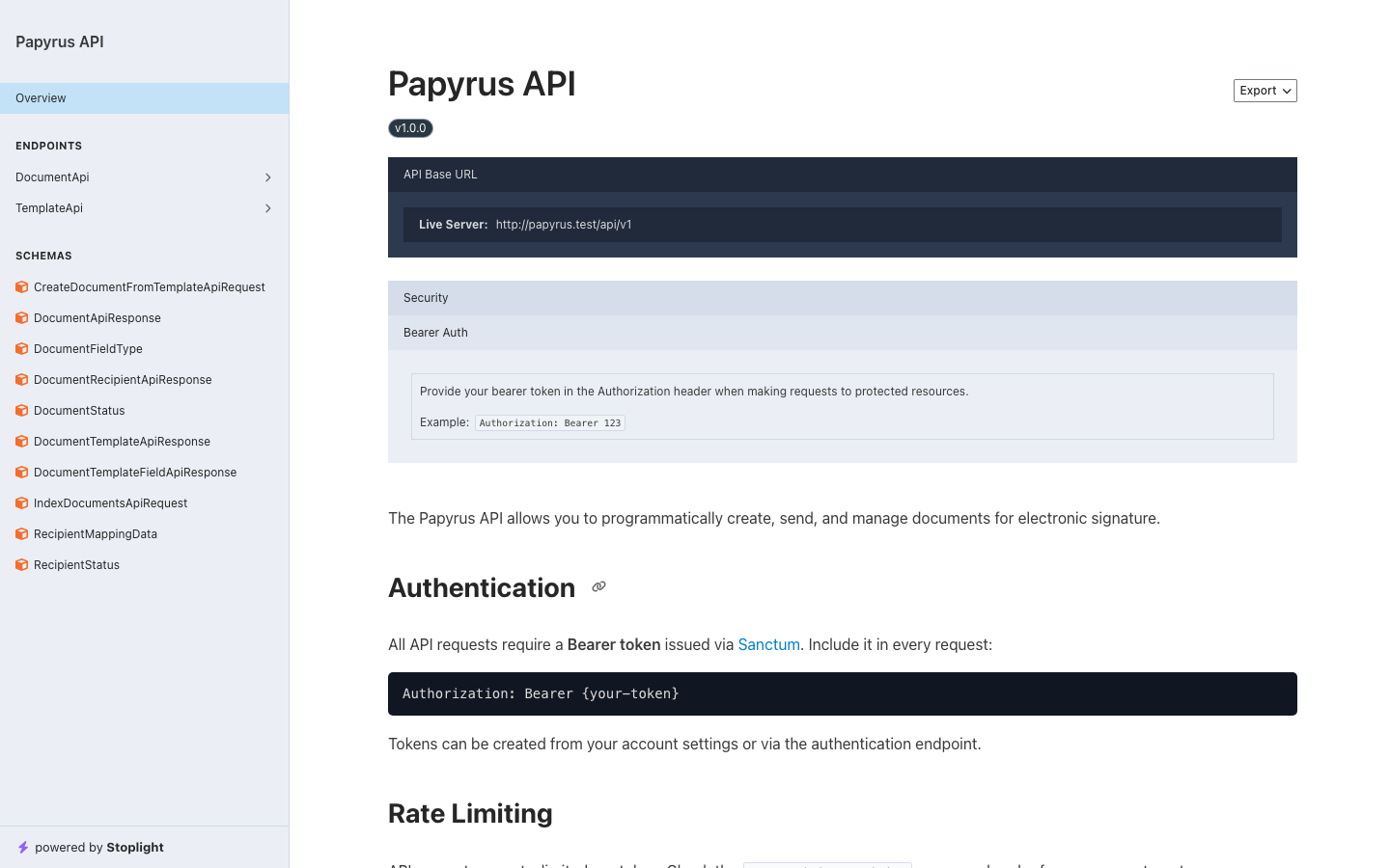 Papyrus API documentation showing endpoints, schemas, authentication, and rate limiting
