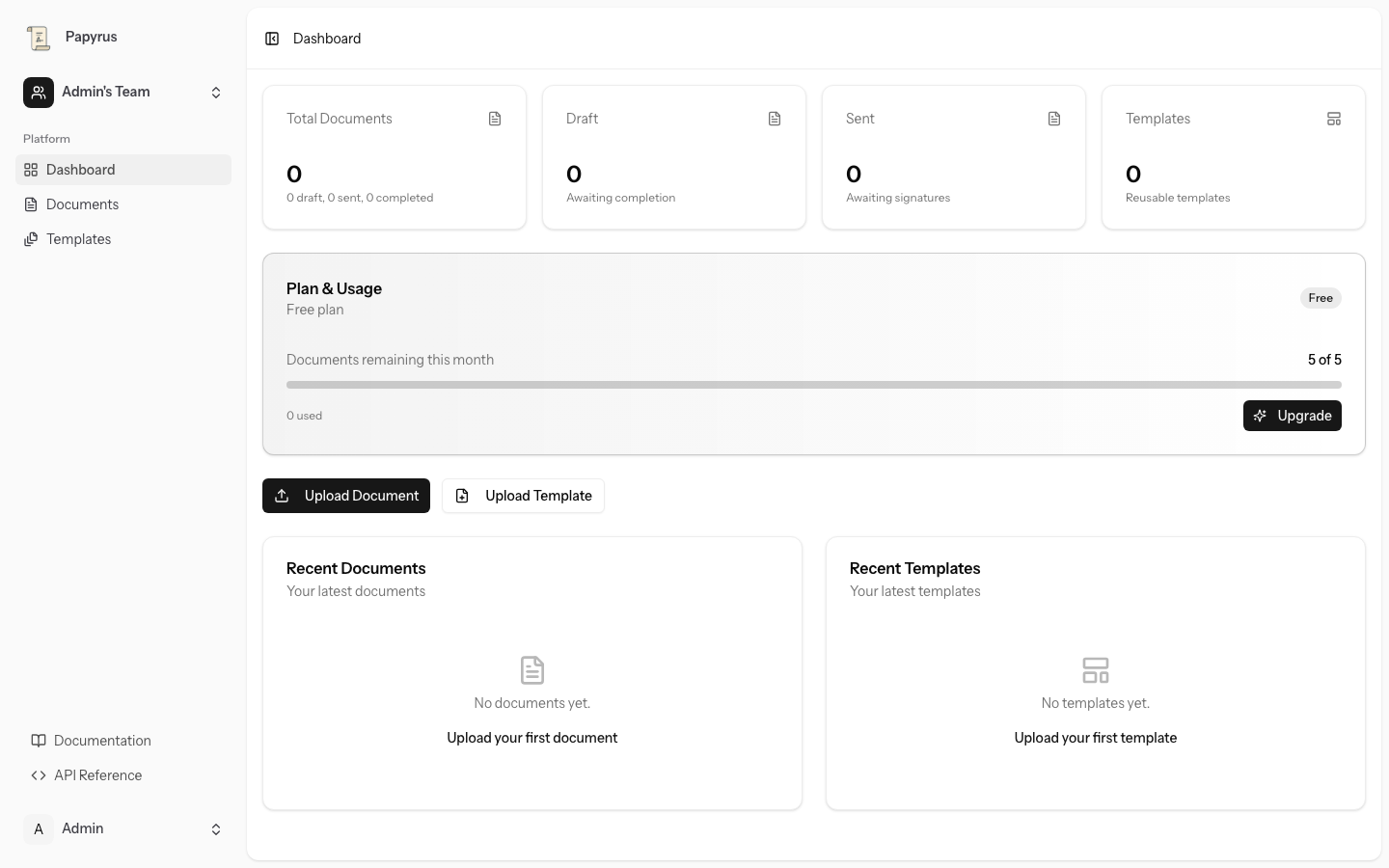 Papyrus Doc application dashboard showing document stats, plan usage, and quick actions