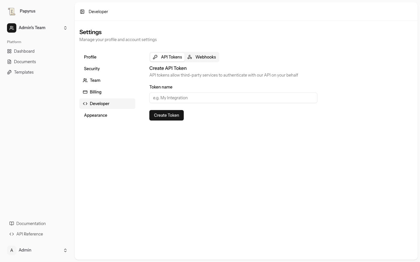 Papyrus Doc developer settings page with API token creation and webhook configuration tabs