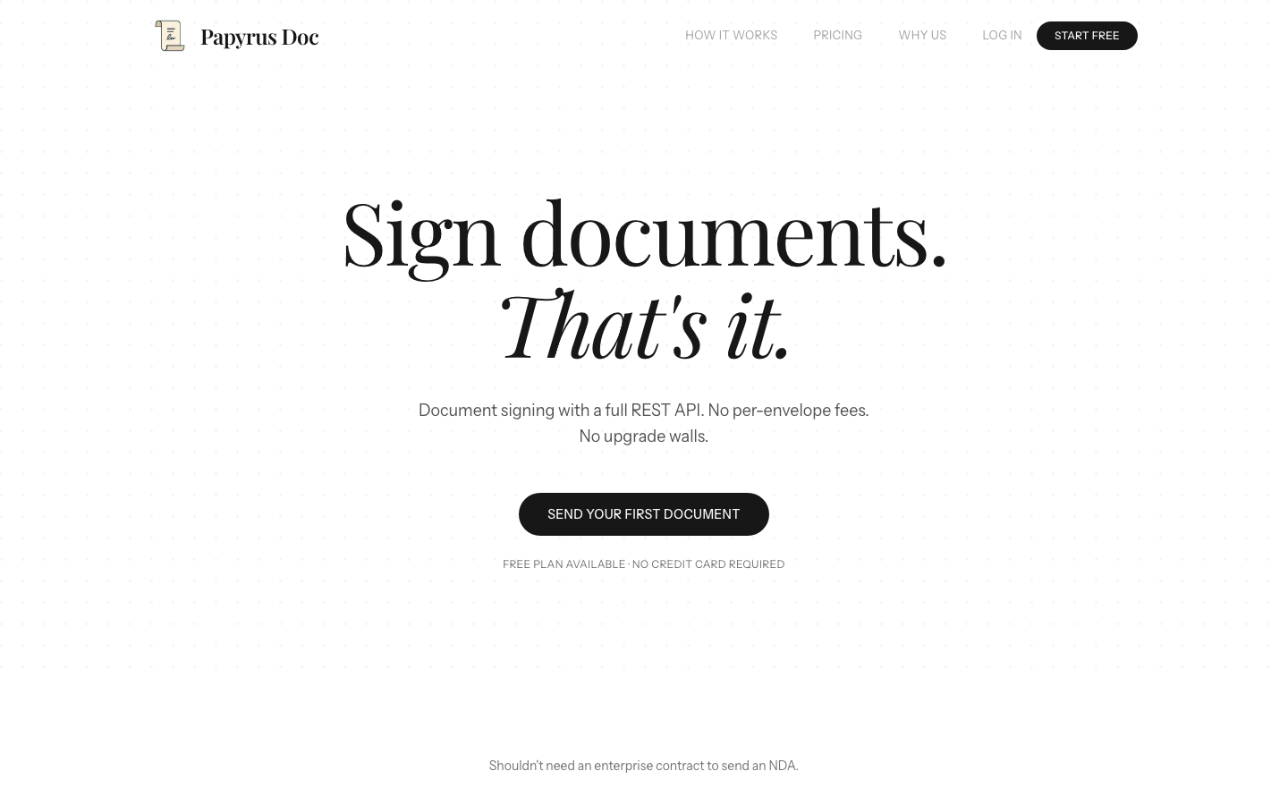 Papyrus Doc homepage hero section with tagline Sign documents That's it and call to action