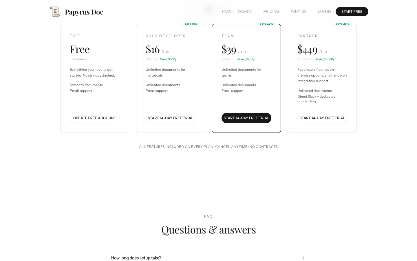Papyrus Doc pricing page showing Free, Solo Developer, Team, and Partner plans with yearly savings