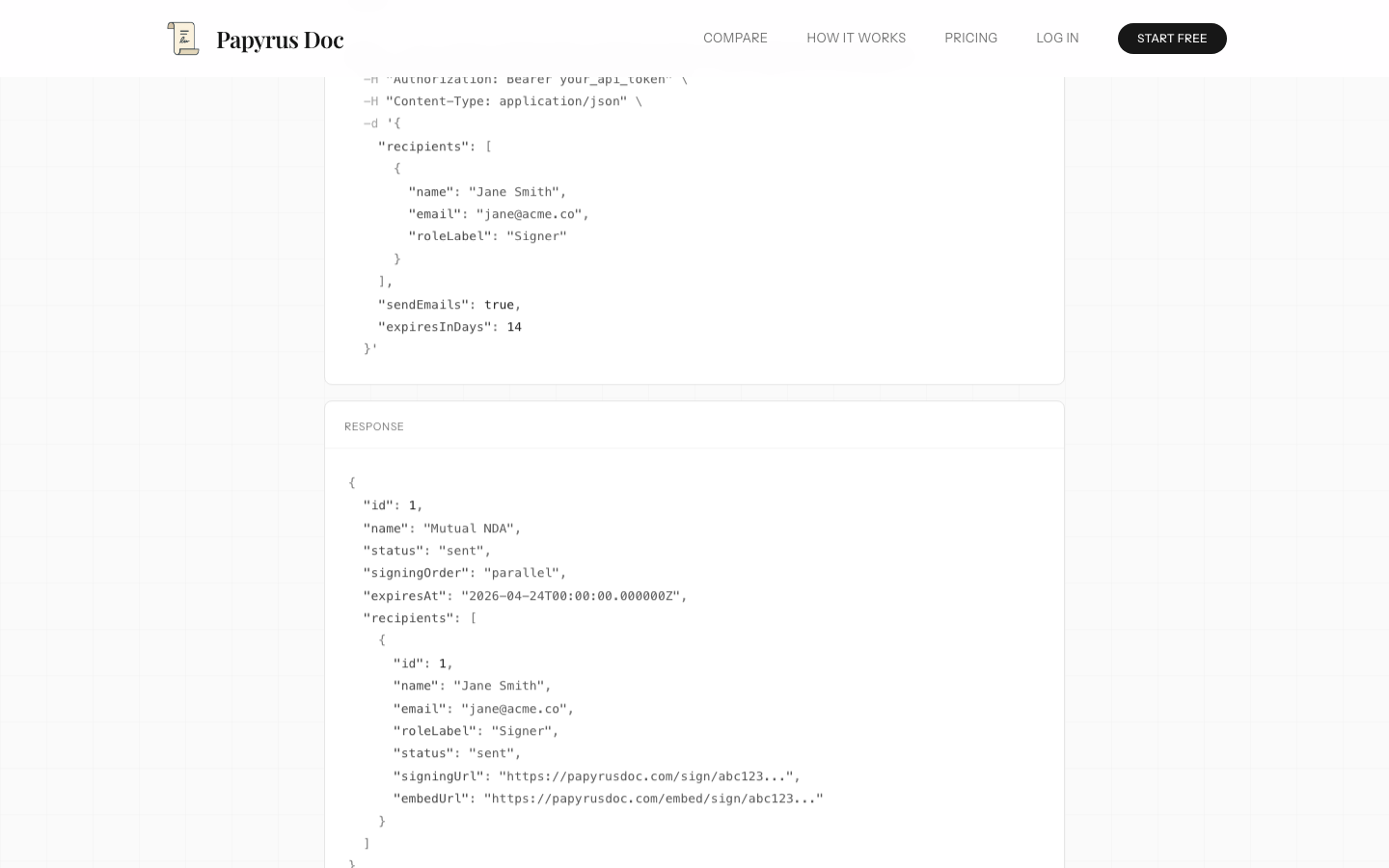 Papyrus Doc developer API example showing cURL request and JSON response for sending documents