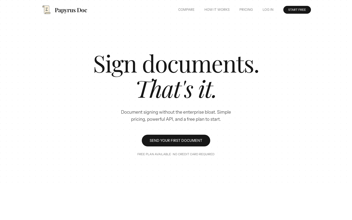Papyrus Doc homepage hero section with tagline Sign documents That's it and call to action
