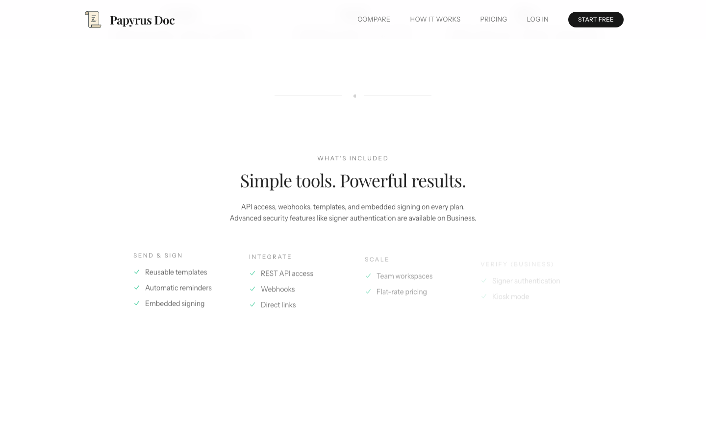Papyrus Doc features section showing simple tools with API access, webhooks, and templates on every plan