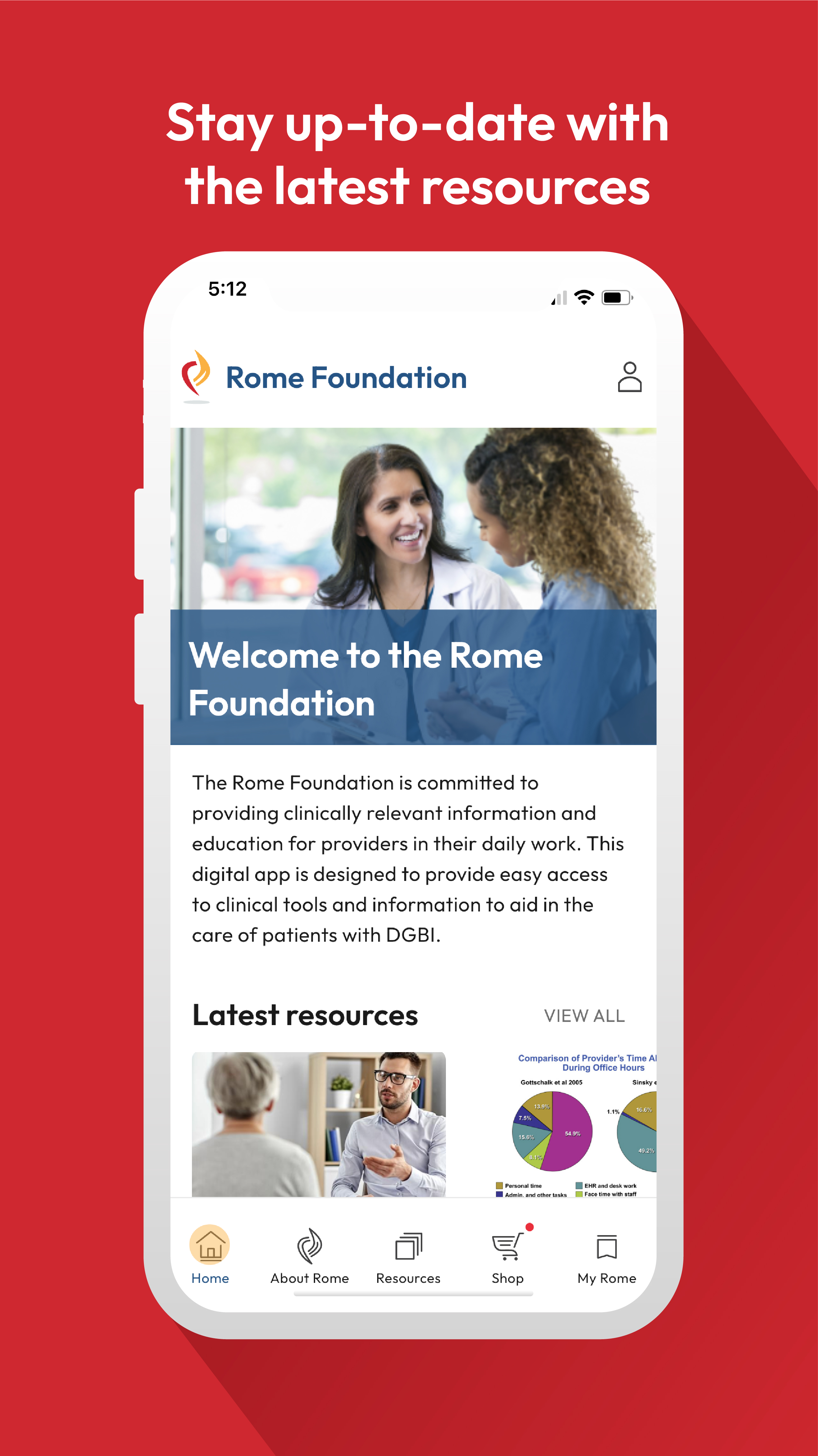 Rome Foundation mobile app home screen showing latest resources, doctor consultations, and clinical tools for DGBI treatment
