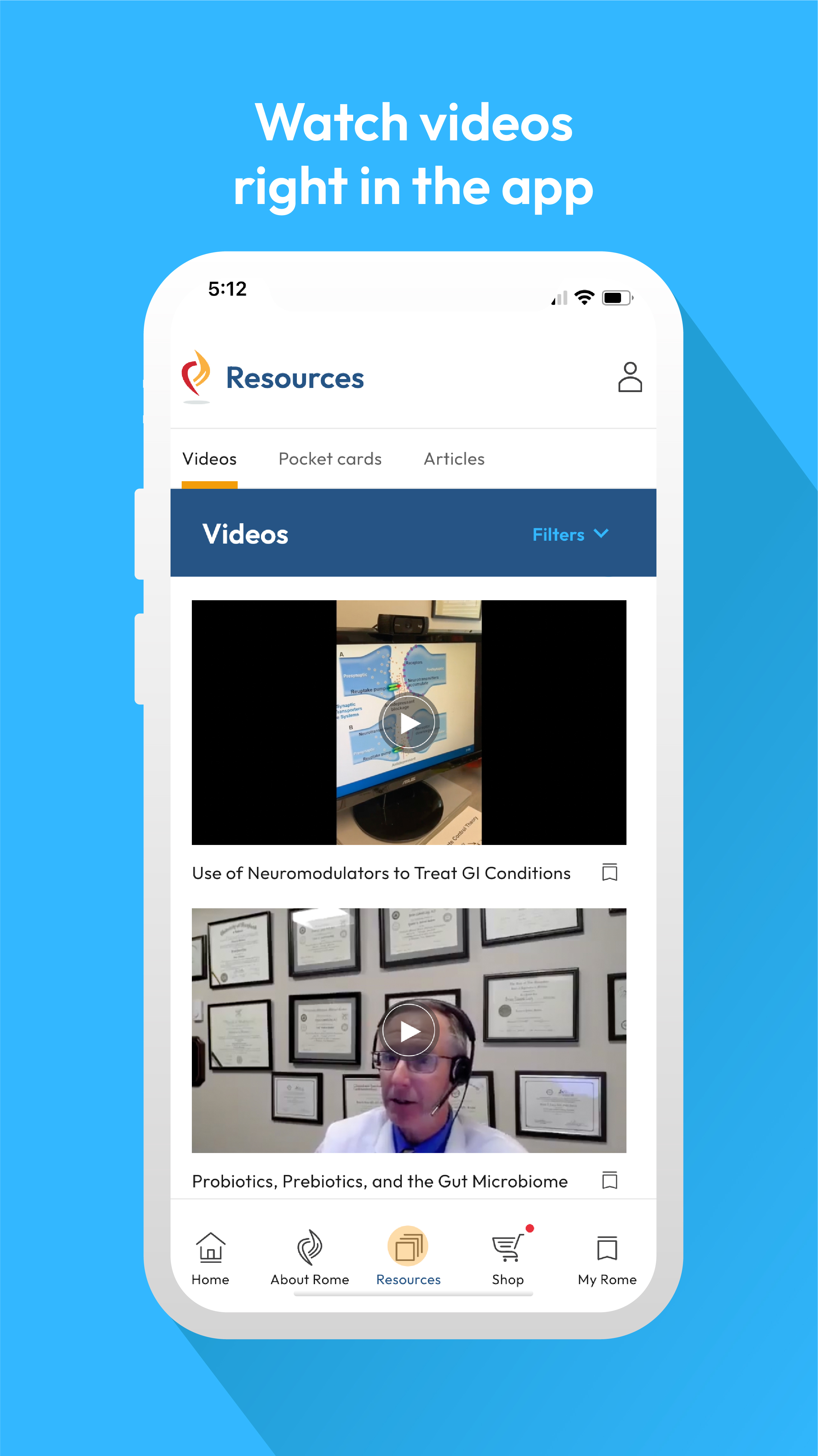 Rome Foundation app resources screen displaying medical videos, research articles, and clinical information